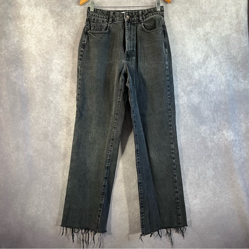 Zara Wide Leg Jeans Women 6 Black Charcoal High Rise Relaxed Denim Unhemmed Pant